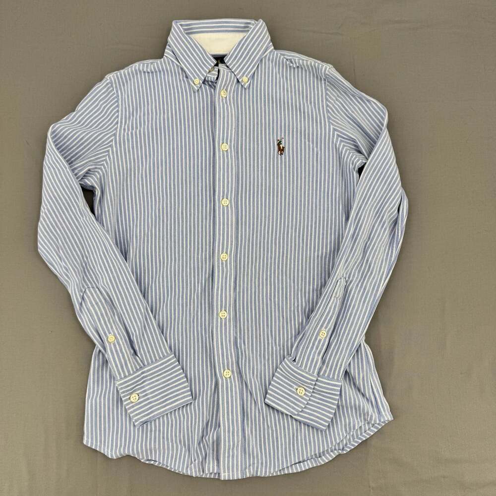 Ralph Lauren Knit Oxford Long Sleeve Button Down Shirt Size S Blue White Striped